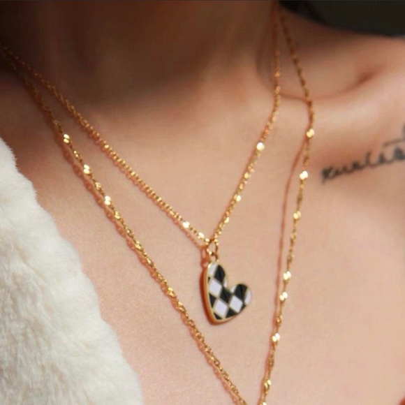 18K Gold Plated Checkered Heart Necklace - Picture 1 of 4